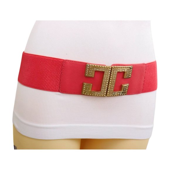 New Women Coral Pink Red Elastic Wide Fashion Belt Gold Metal C Buckle Size S M - Picture 17 of 17